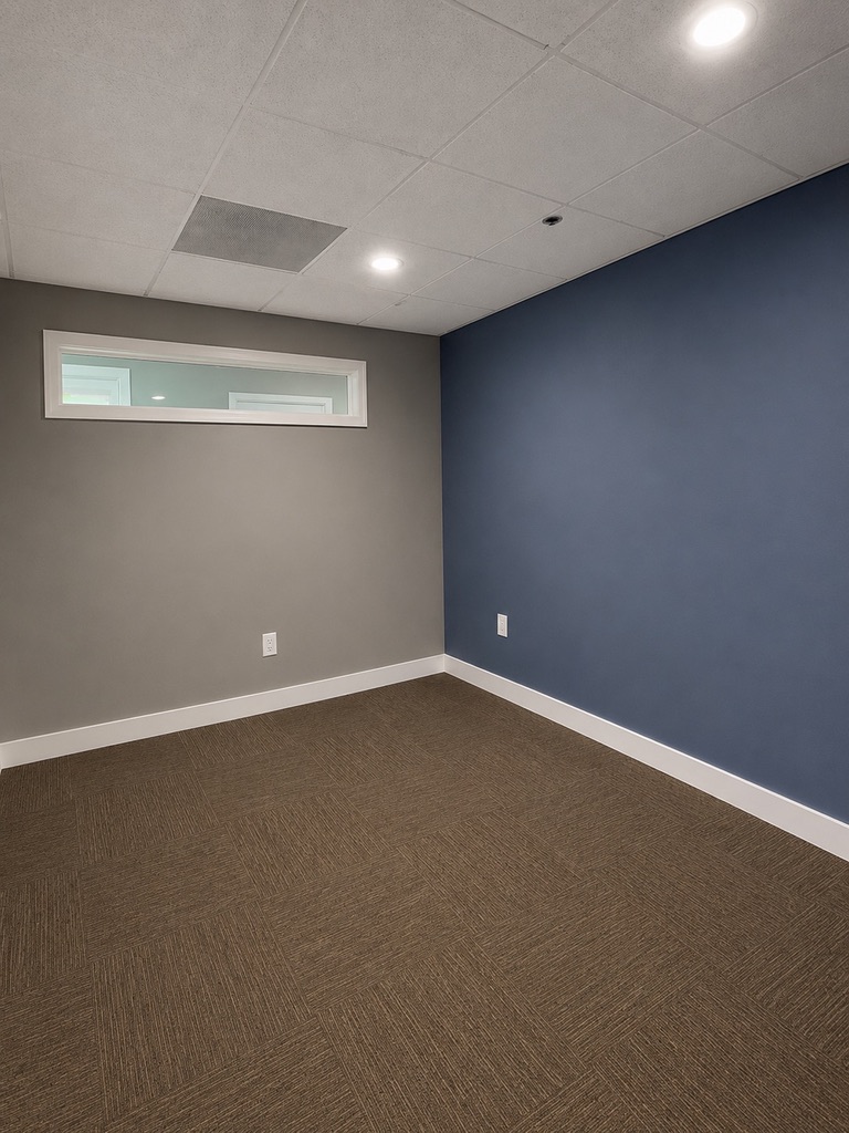 Completed private office with accent wall and interior transom window