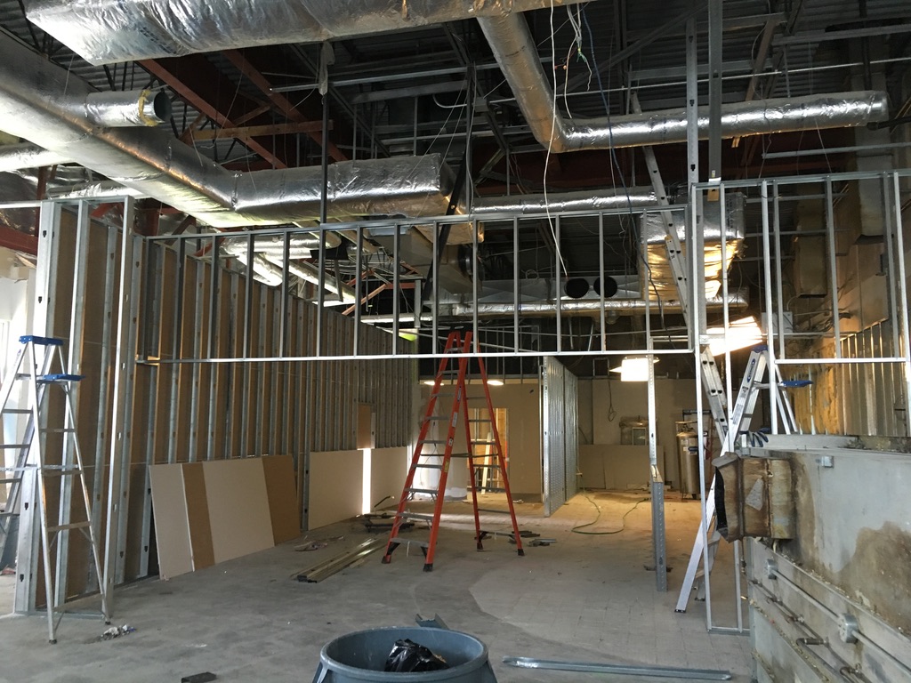 New metal stud framing and wall construction for the restaurant layout