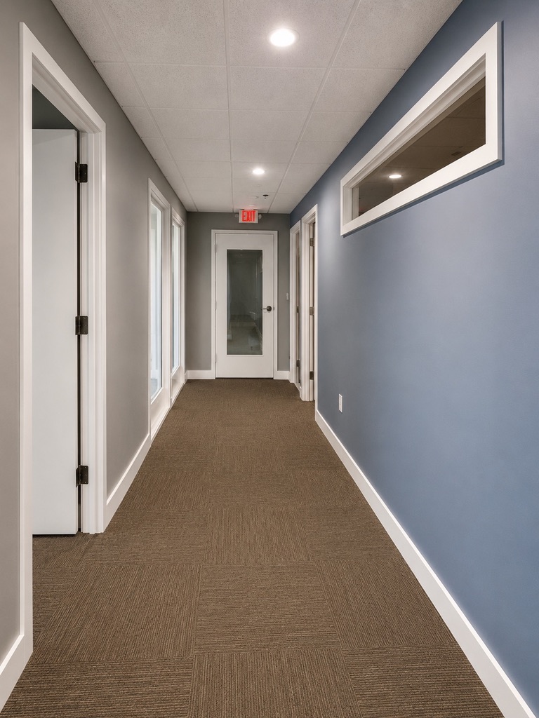 Completed hallway with interior transom windows and new lighting