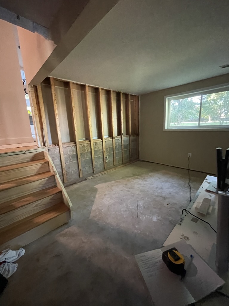 Initial site visit — partially unfinished basement with exposed framing and unfinished wall sections