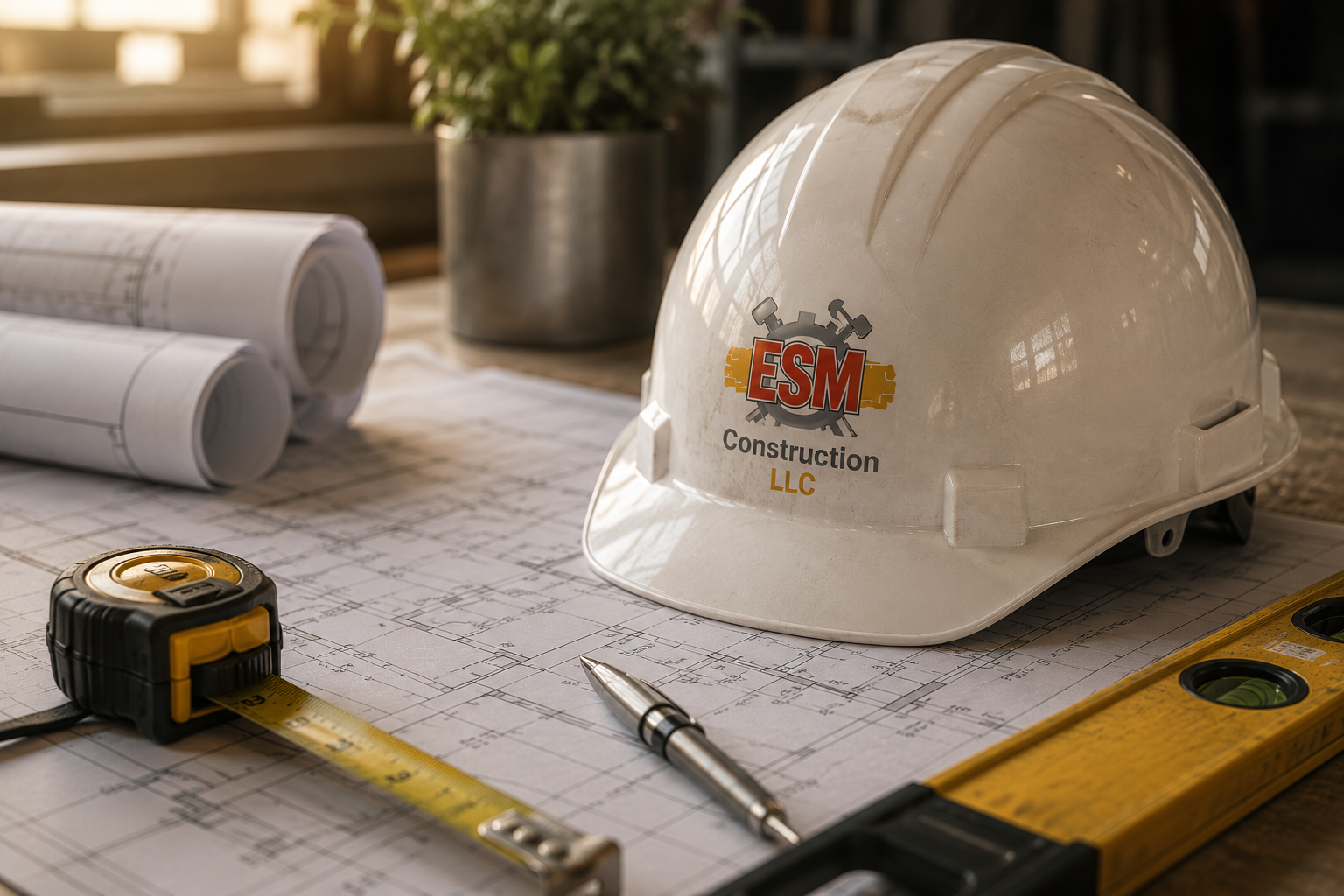 ESM Construction helmet on architectural plans