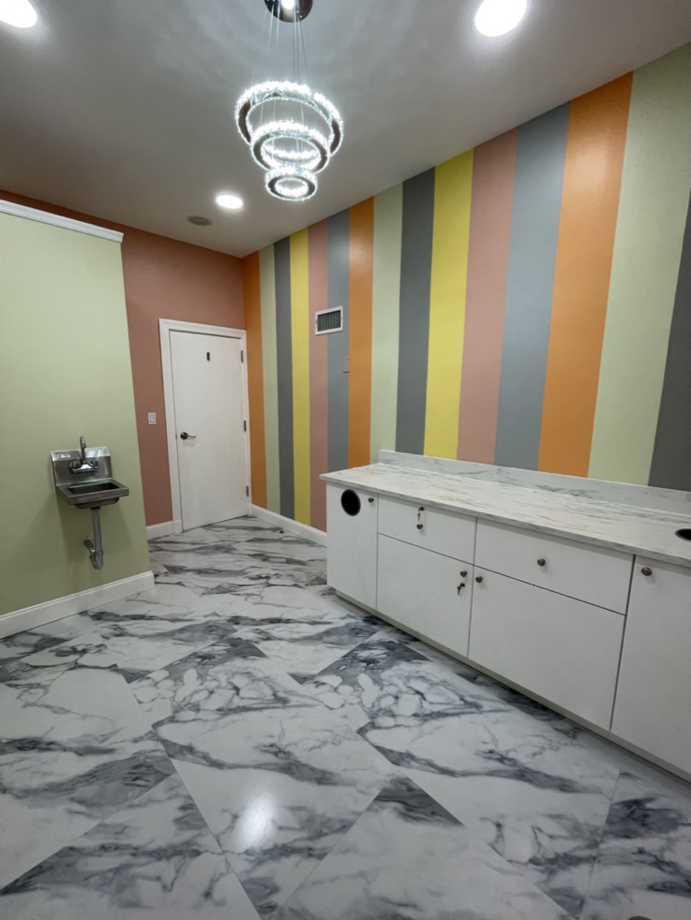 Treatment room with striped accent wall, hand sink, and countertop area