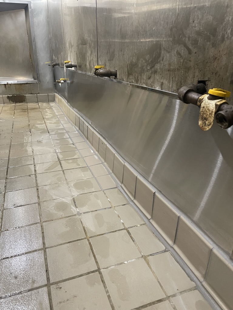 COMPLETED — New stainless-steel wall finish and protective base molding installed.