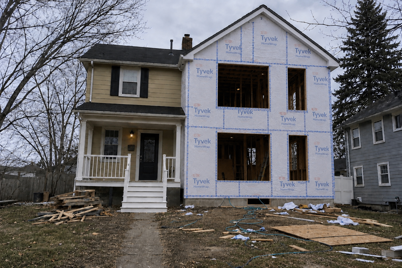 Residential Home Addition — framing, sheathing, and Tyvek weather barrier during construction